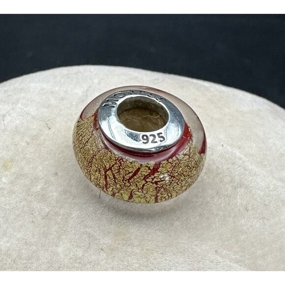925 Sterling MORESS Glass Charm Bead Murano Italy Red Gold Crackle Design - Picture 1 of 3